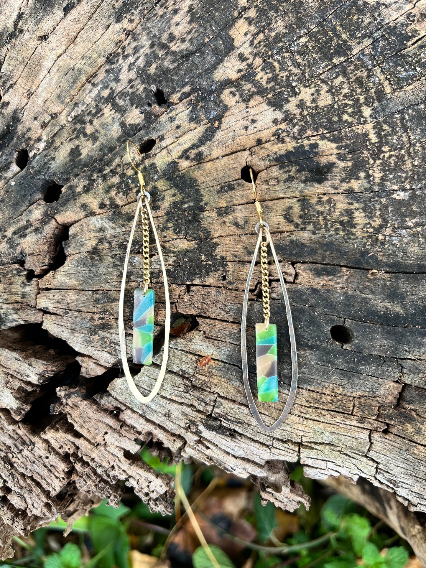 Hammered Oval Aqua Mosaic Dangle Earrings