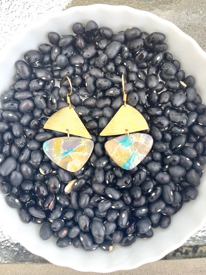 Faux Pebble Brass Triangle Dangle Earrings, Handmade polymer clay — Hammer & Thread