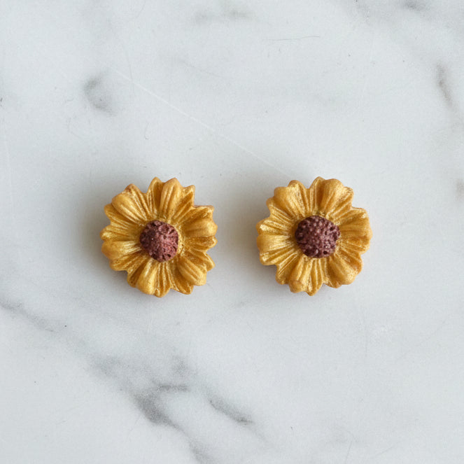 Sunflower stud earrings, handmade polymer clay — Hammer & Thread