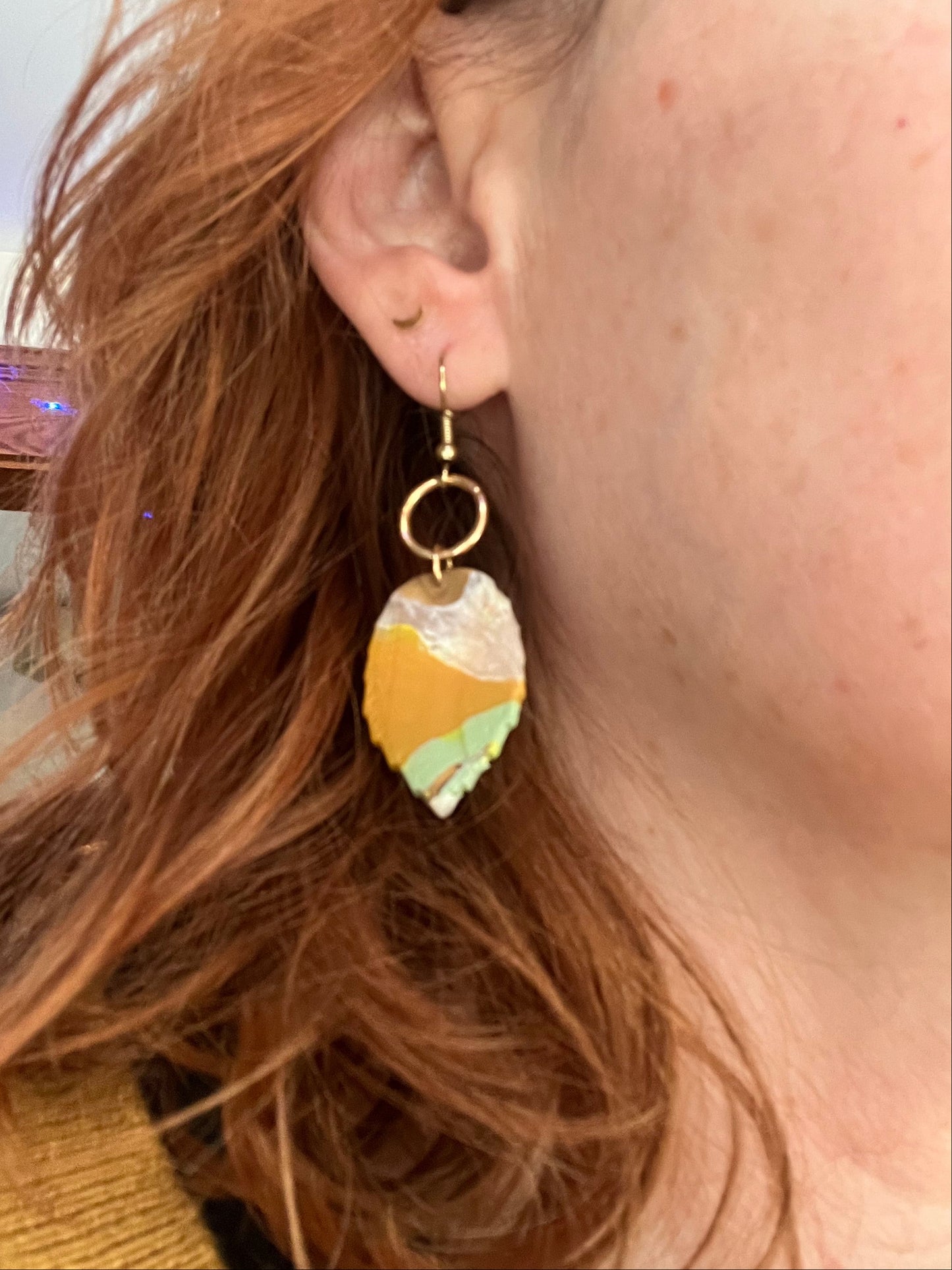 Yellow ochre mint leaf dangle earrings, handmade polymer clay — Hammer & Thread