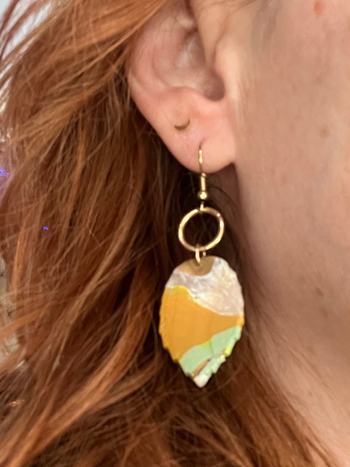 Yellow ochre mint leaf dangle earrings, handmade polymer clay — Hammer & Thread