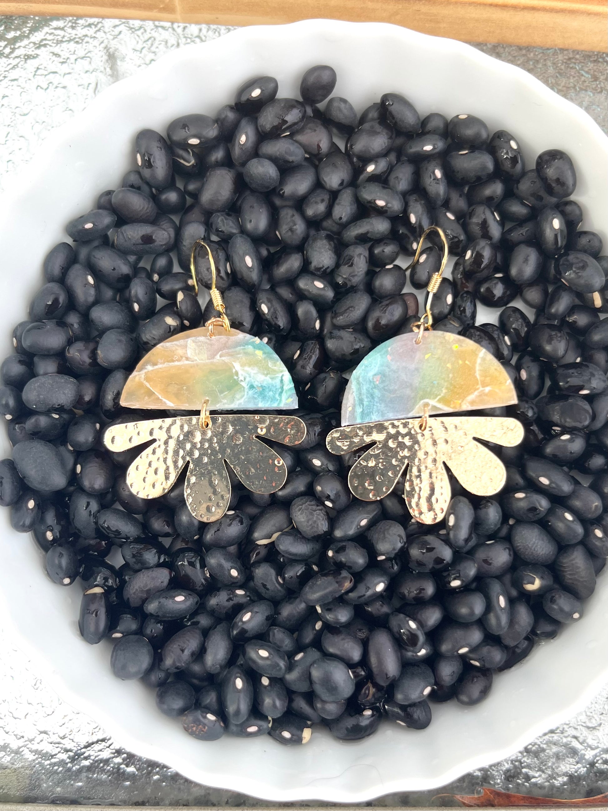 Semicircle faux stone and petal dangle earrings, handmade polymer clay — Hammer & Thread