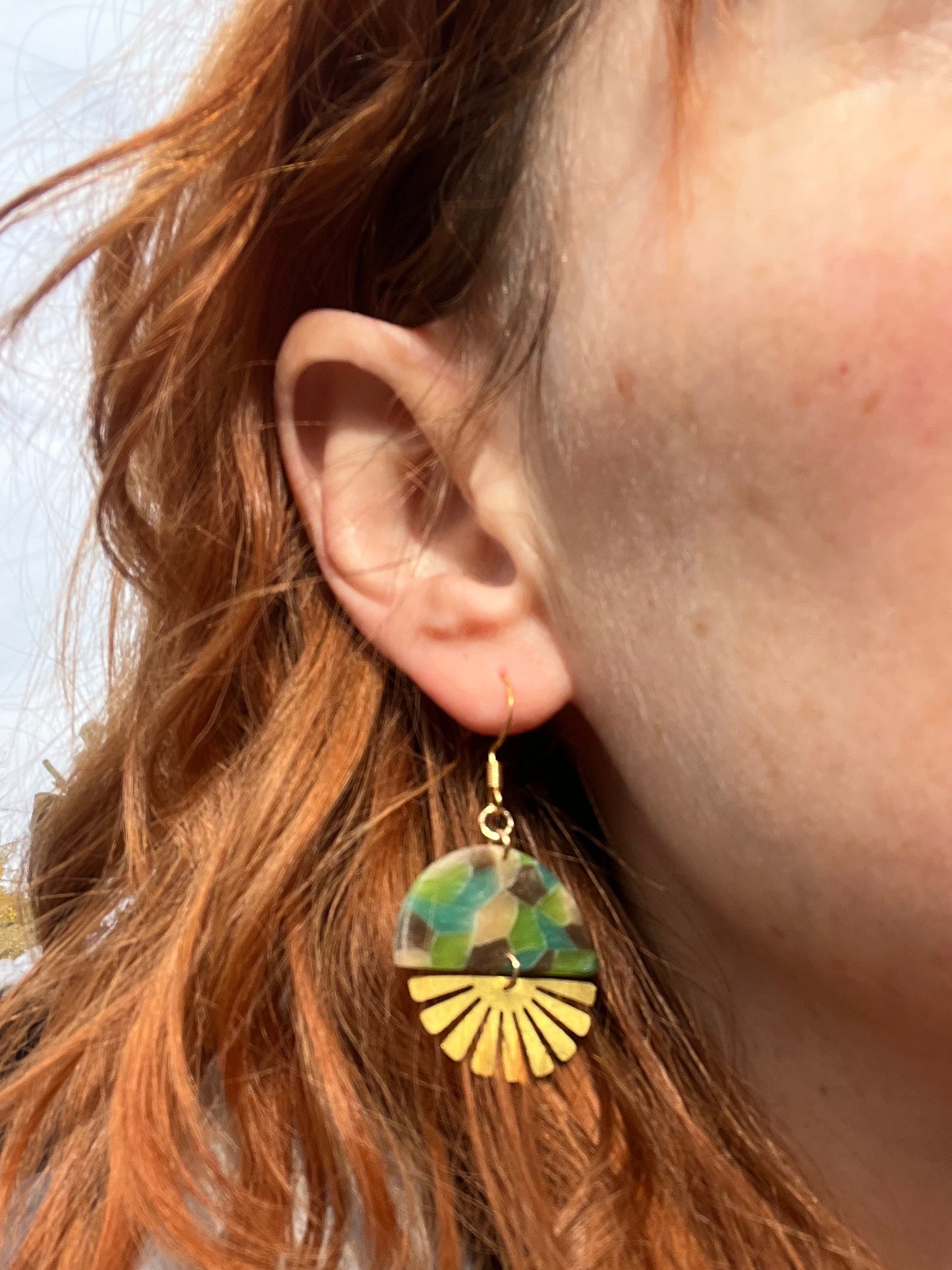 Aqua Mosaic Semi Circle Sunburst Dangle Earrings