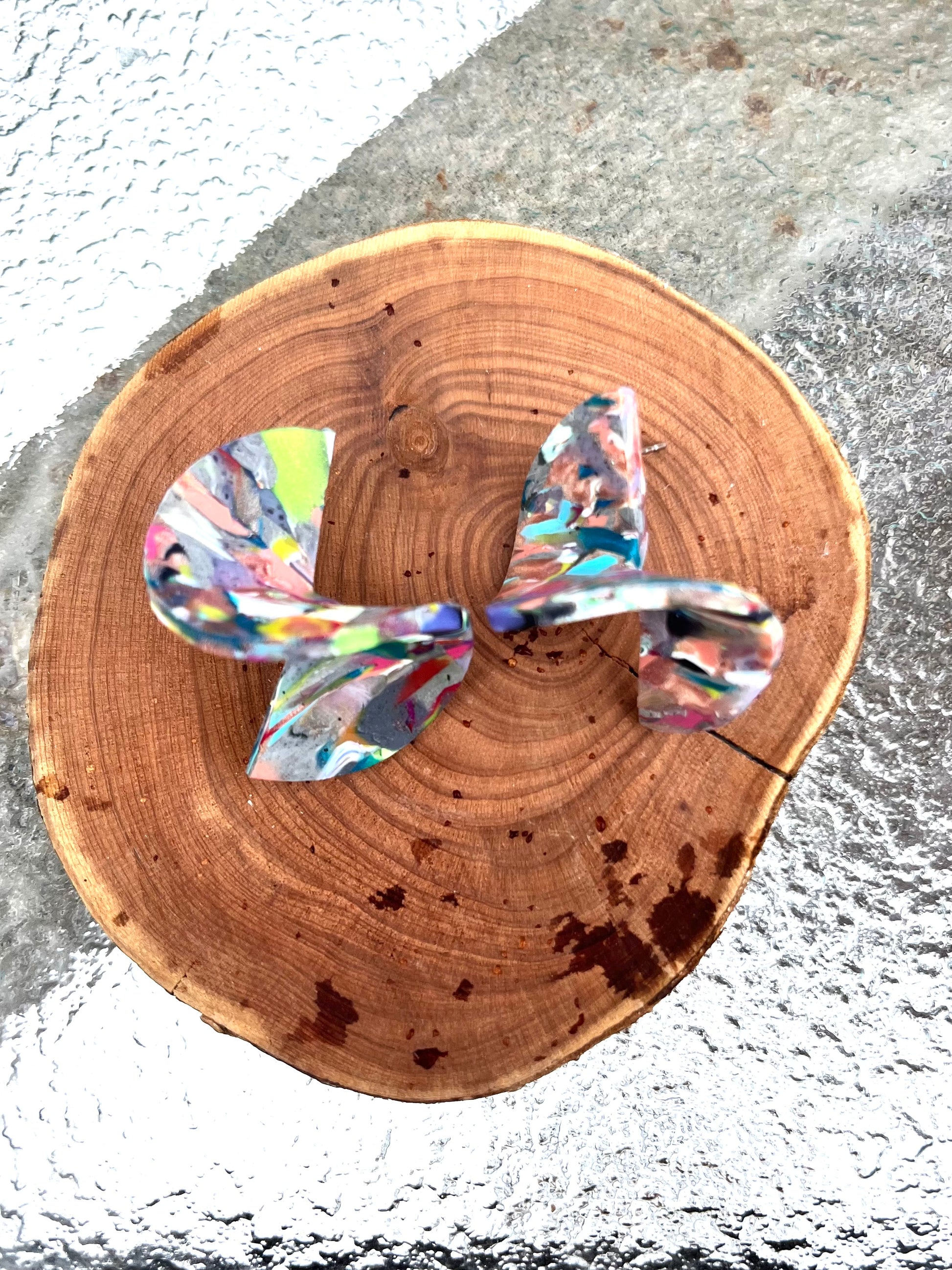 Big ripple technicolor dangle earrings, handmade polymer clay — Hammer & Thread