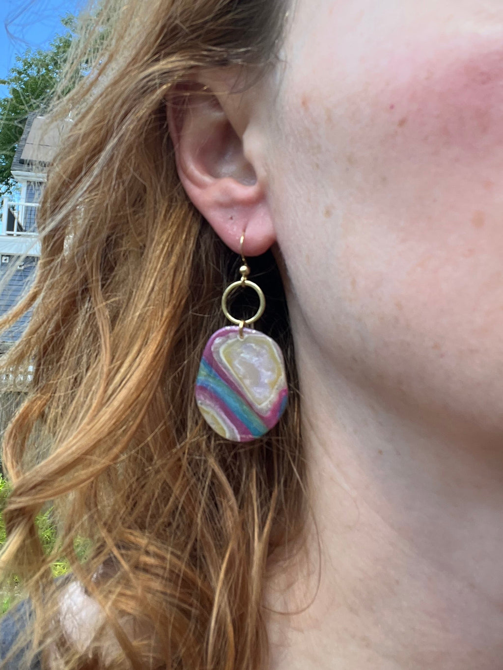 Magenta Faux Agate and Stainless Steel Circle Dangles