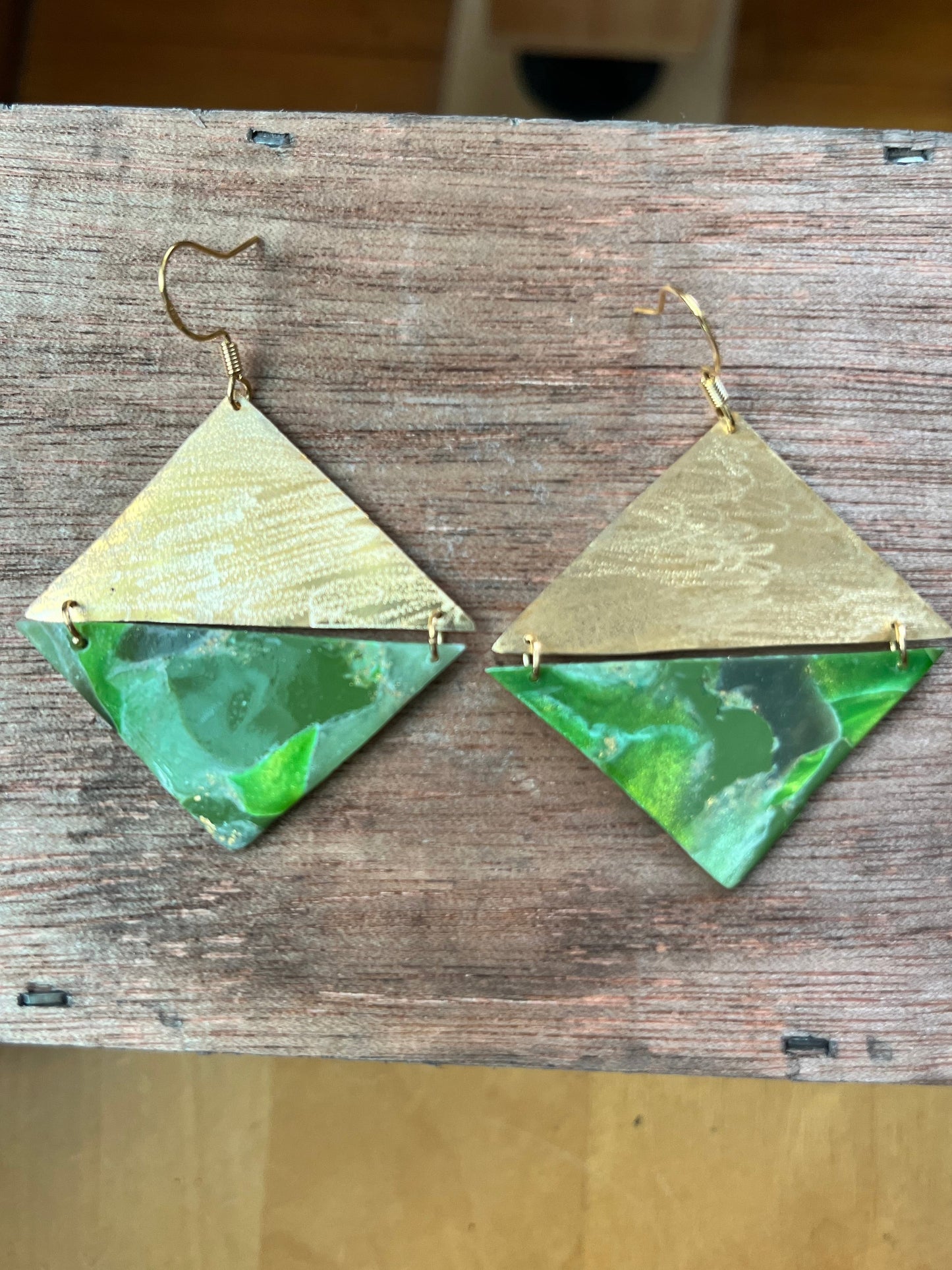 Bright green marble and brass triangle dangle earrings, handmade polymer clay — Hammer & Thread