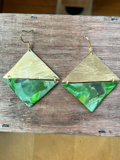 Bright green marble and brass triangle dangle earrings, handmade polymer clay — Hammer & Thread