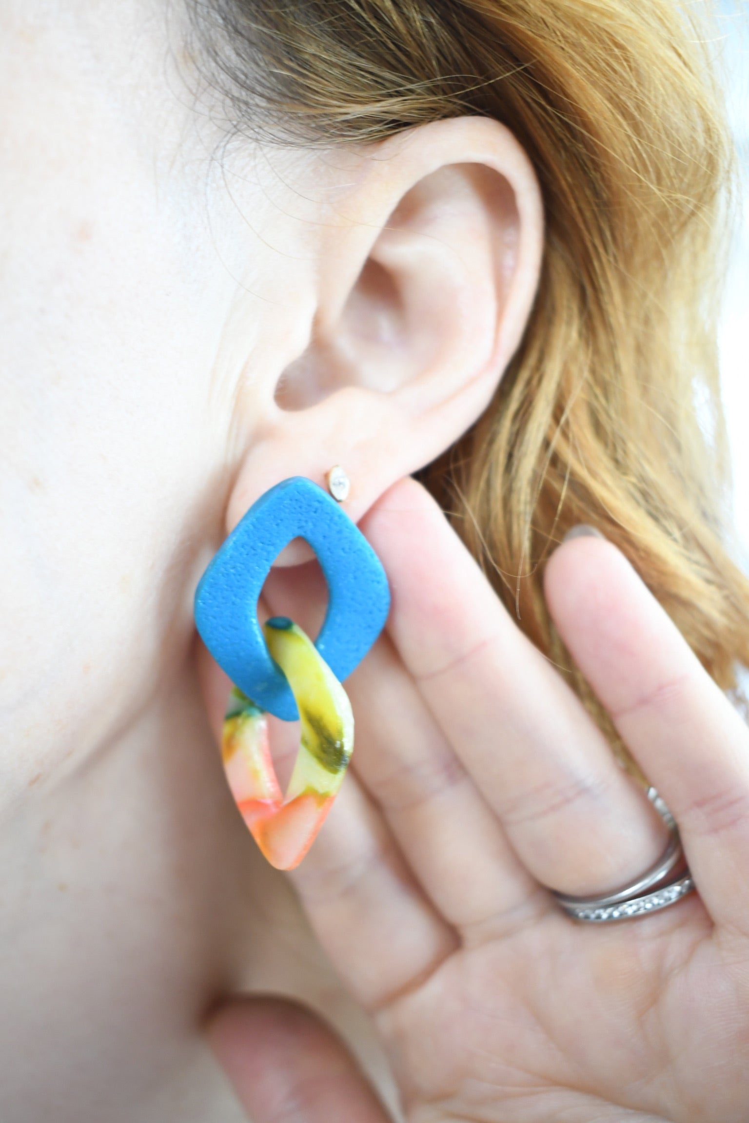 Watercolor & Teal Link Stud Dangle Earrings