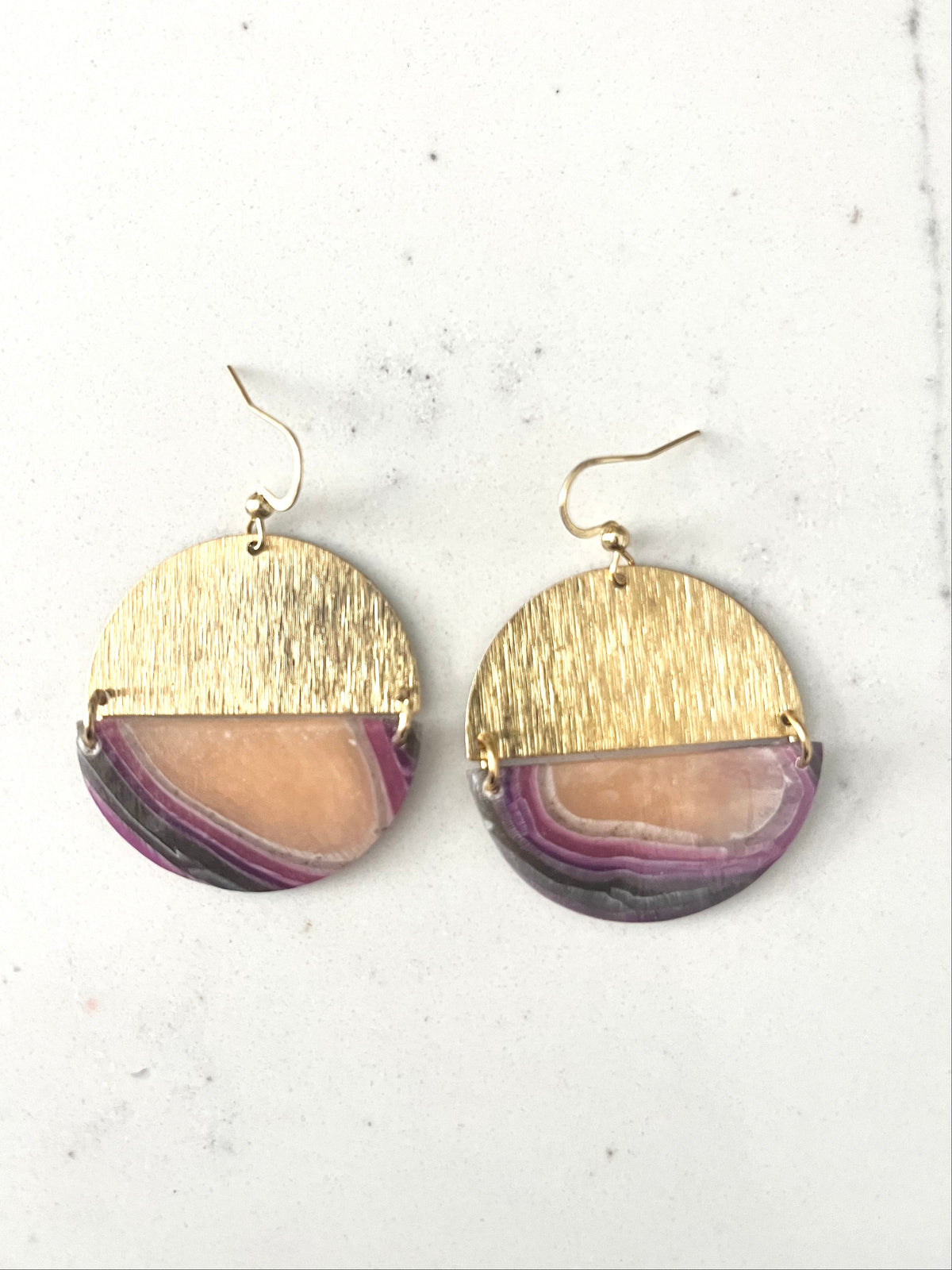 Purple Faux Agate & Brass Semi-Circle Dangles