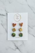 Heart diamond and hexagon stud earring trio pack, handmade polymer clay — Hammer & Thread