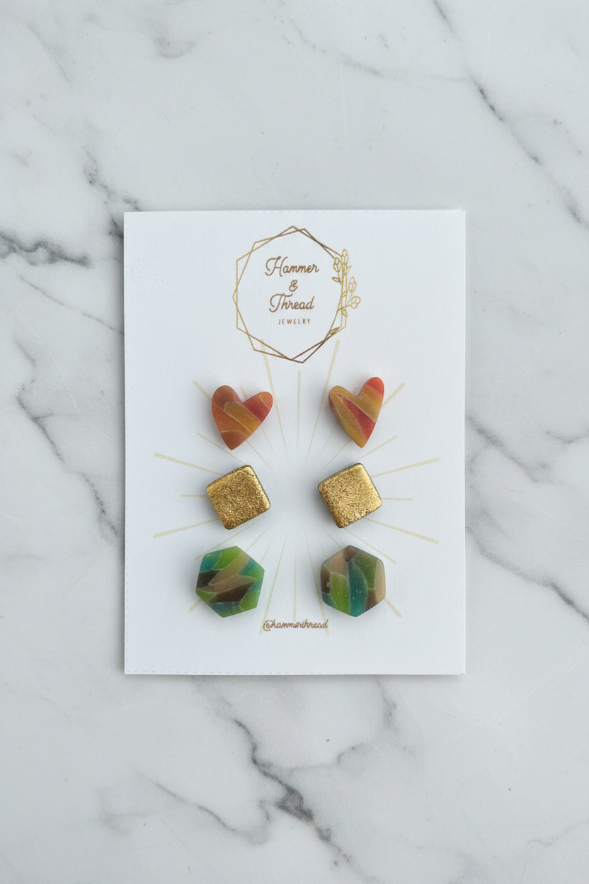 Heart diamond and hexagon stud earring trio pack, handmade polymer clay — Hammer & Thread