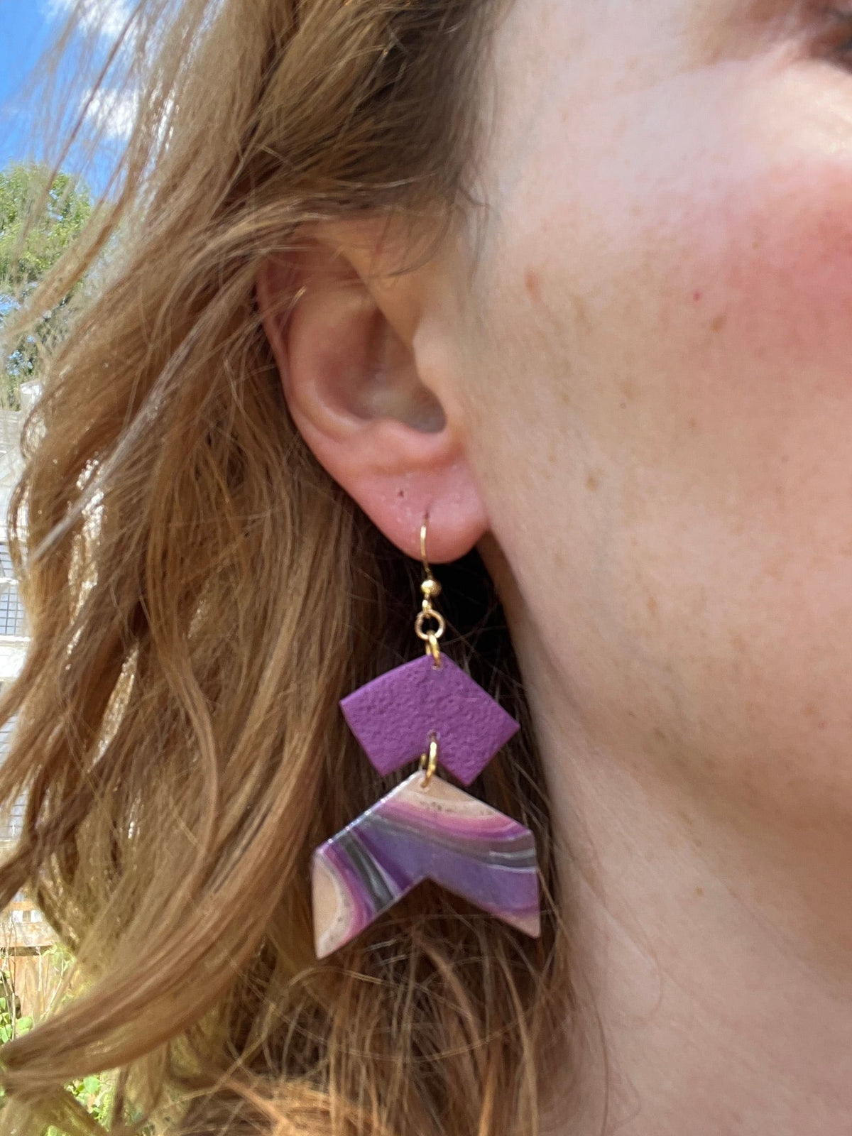 Faux Purple Agate Chevron Dangle Earrings