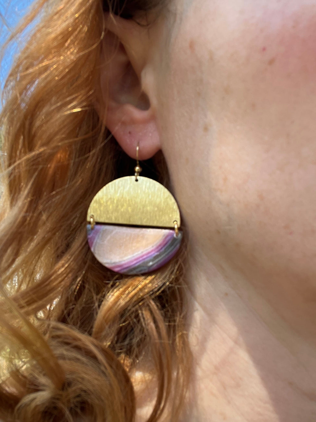 Purple Faux Agate & Brass Semi-Circle Dangles