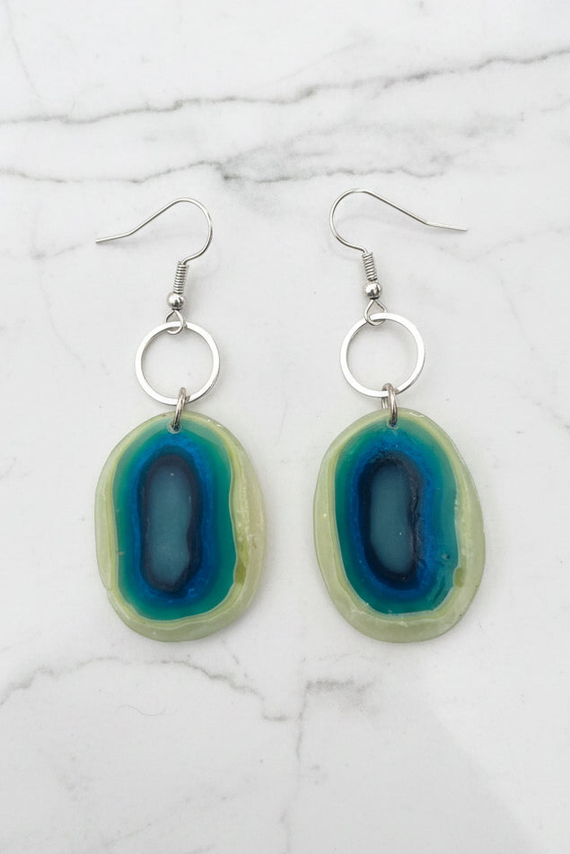 Blue Faux Agate and Stainless Steel Circle Dangles