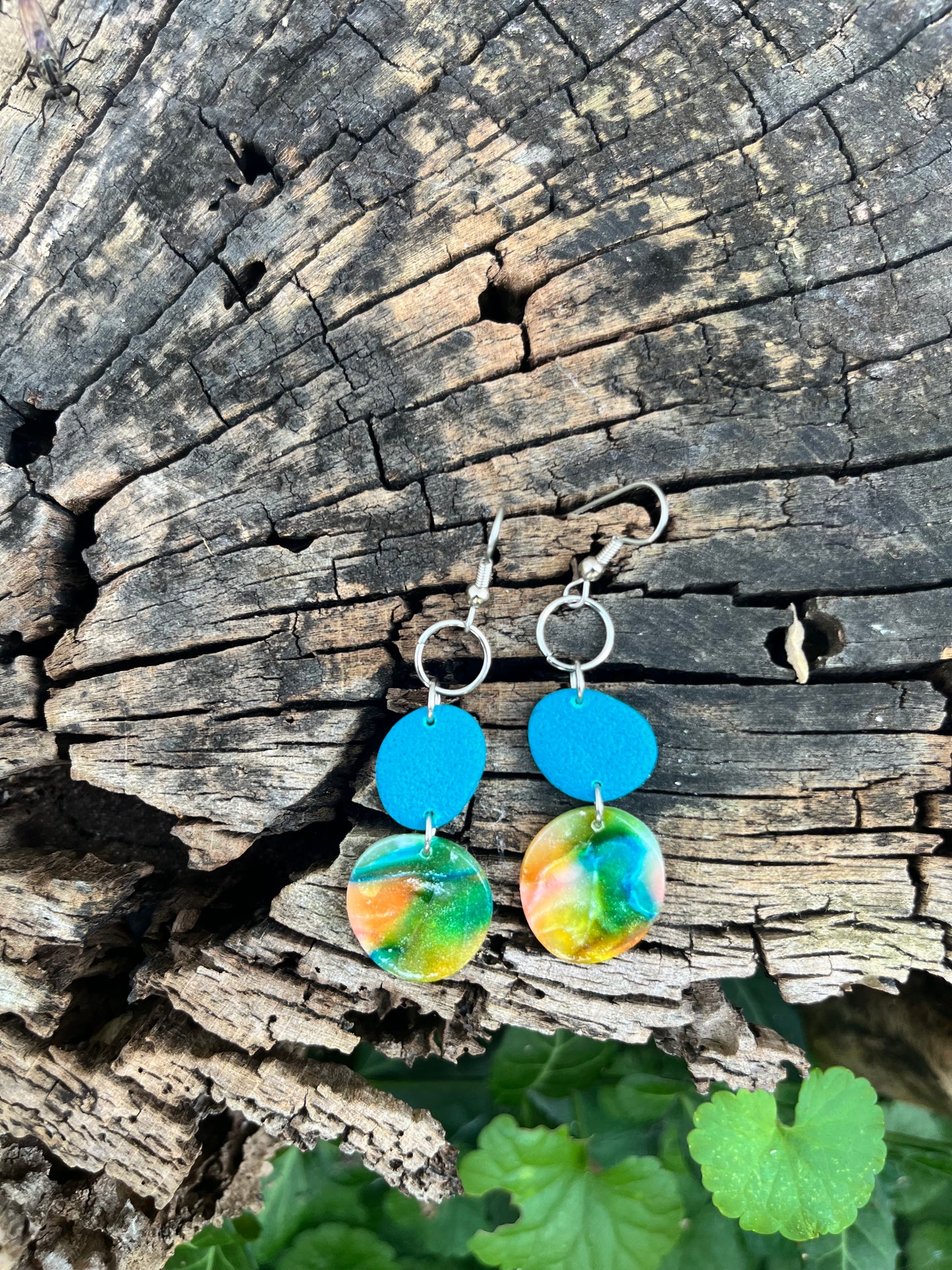Teal & Watercolor Tiered Circle Dangle Earrings