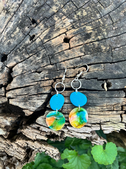 Teal & Watercolor Tiered Circle Dangle Earrings