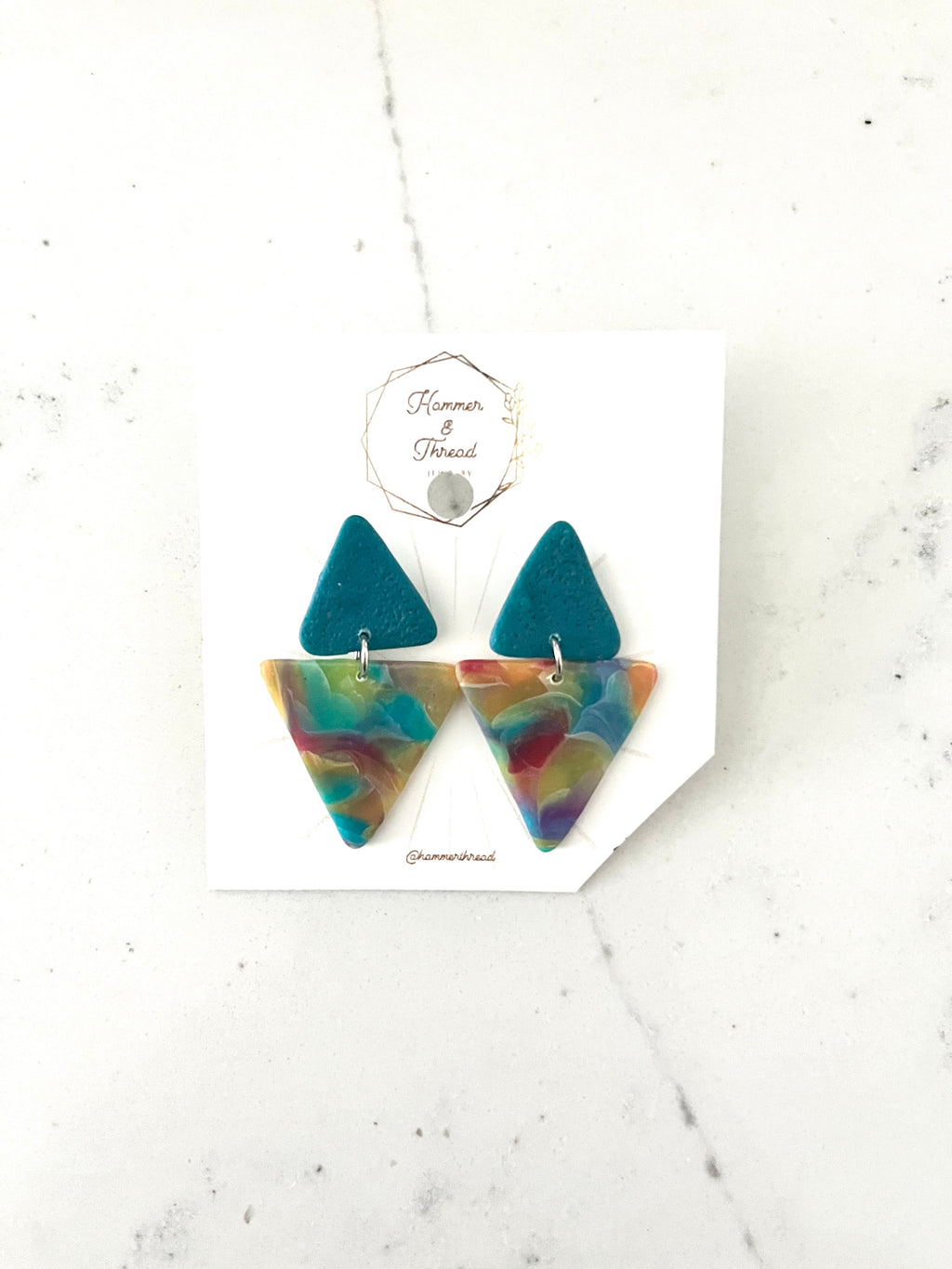 Teal & Rainbow Triangle Stud Dangle Earrings