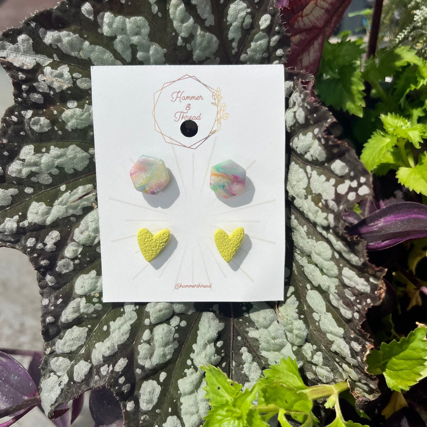 Rainbow Hexagon & Chartreuse Heart Stud Earring Pack