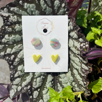 Rainbow Hexagon & Chartreuse Heart Stud Earring Pack