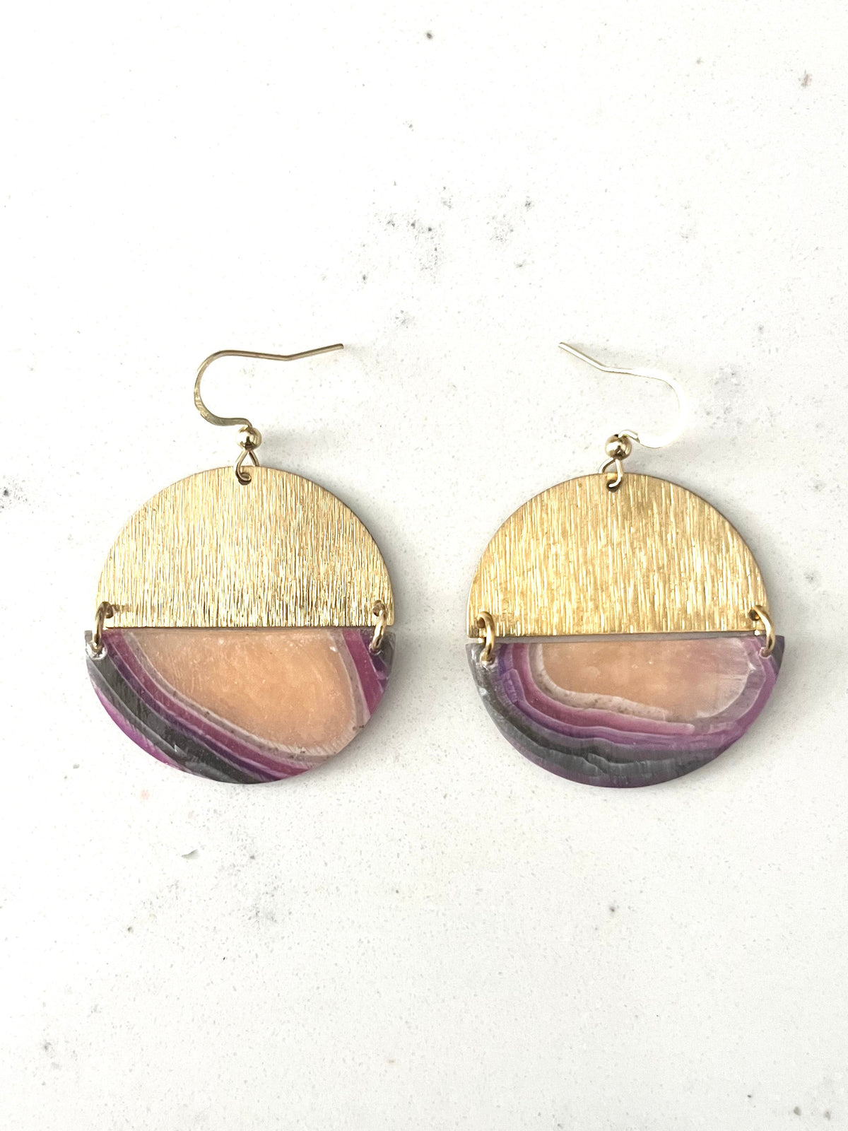 Purple Faux Agate & Brass Semi-Circle Dangles