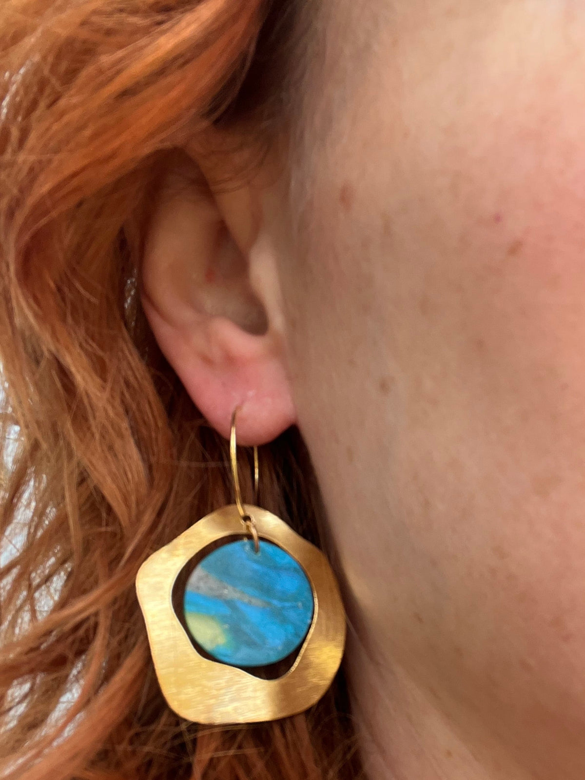 Blue and green marble wavy circle dangle earrings, handmade polymer clay — Hammer & Thread