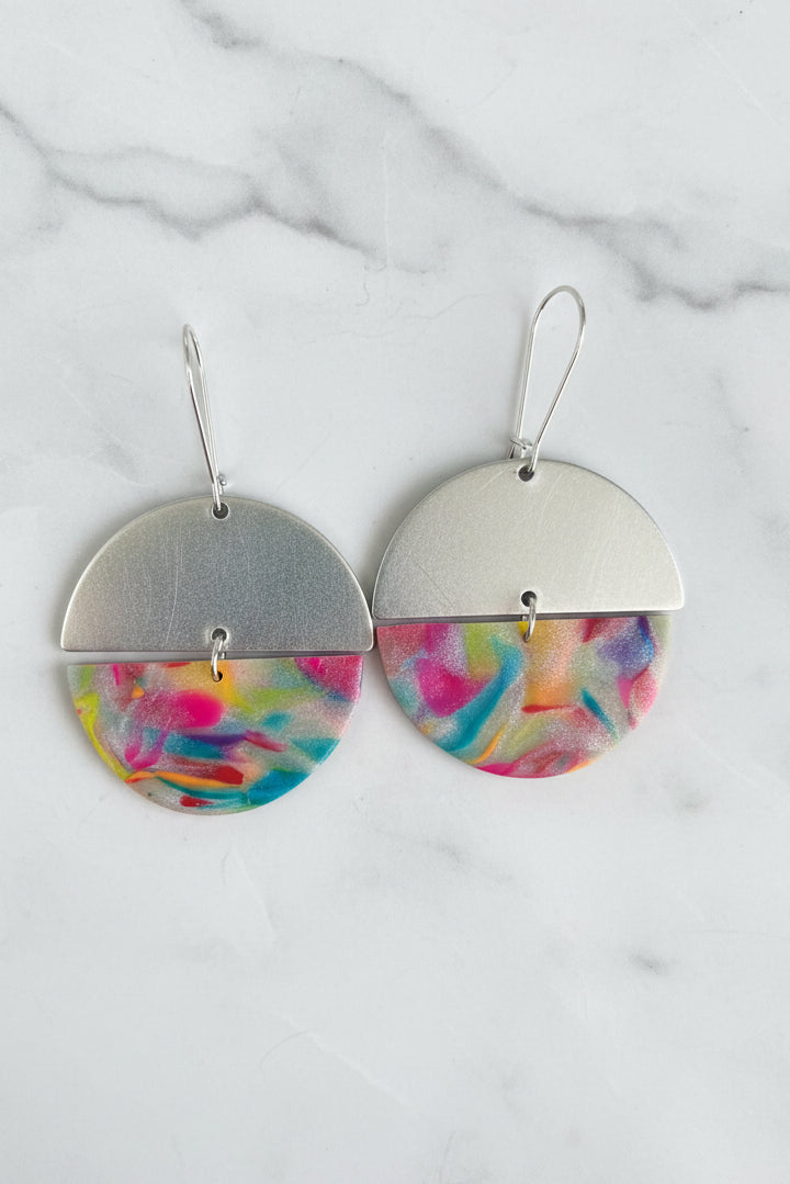 Rainbow semi circle sterling silver dangle earrings, handmade polymer clay — Hammer & Thread