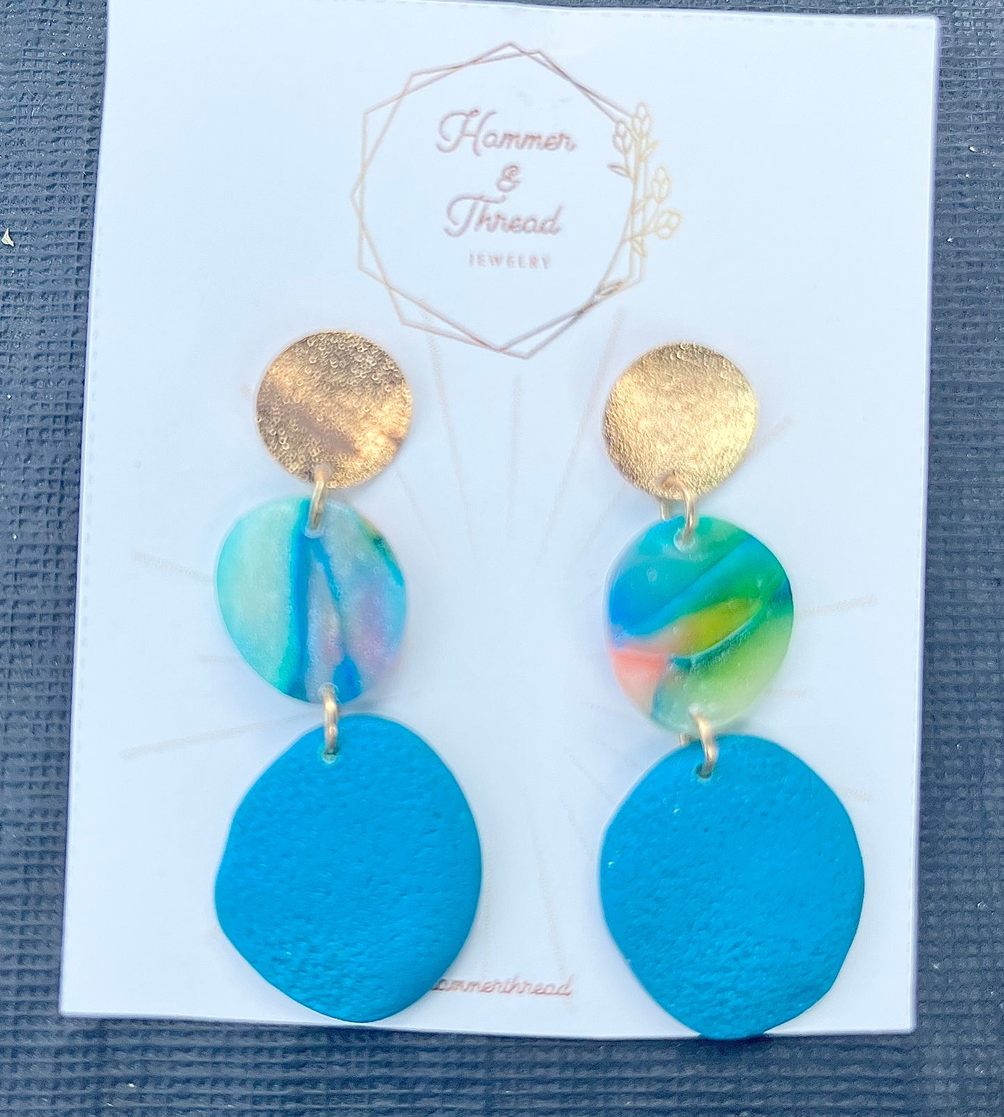 Teal, Gold & Watercolor Pebble Tiered Dangle Earrings