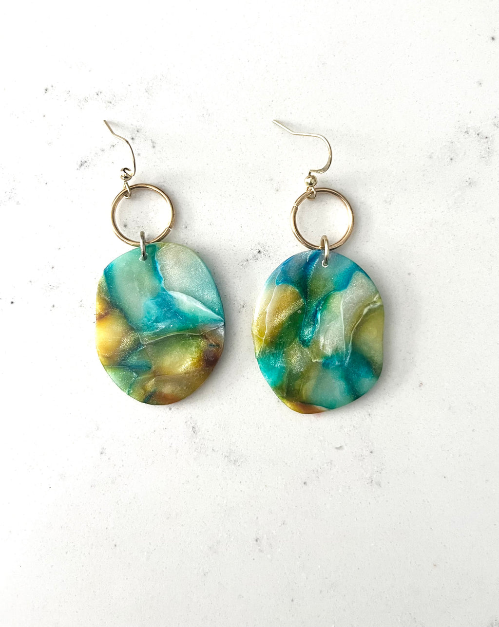 Watercolor Pebble and Brass Circle Dangle Earrings