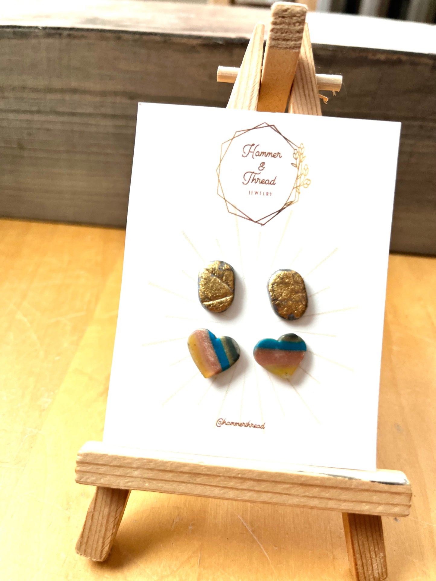 Gold leaf textured oval and stripy heart stud earring pack, handmade polymer clay — Hammer & Thread