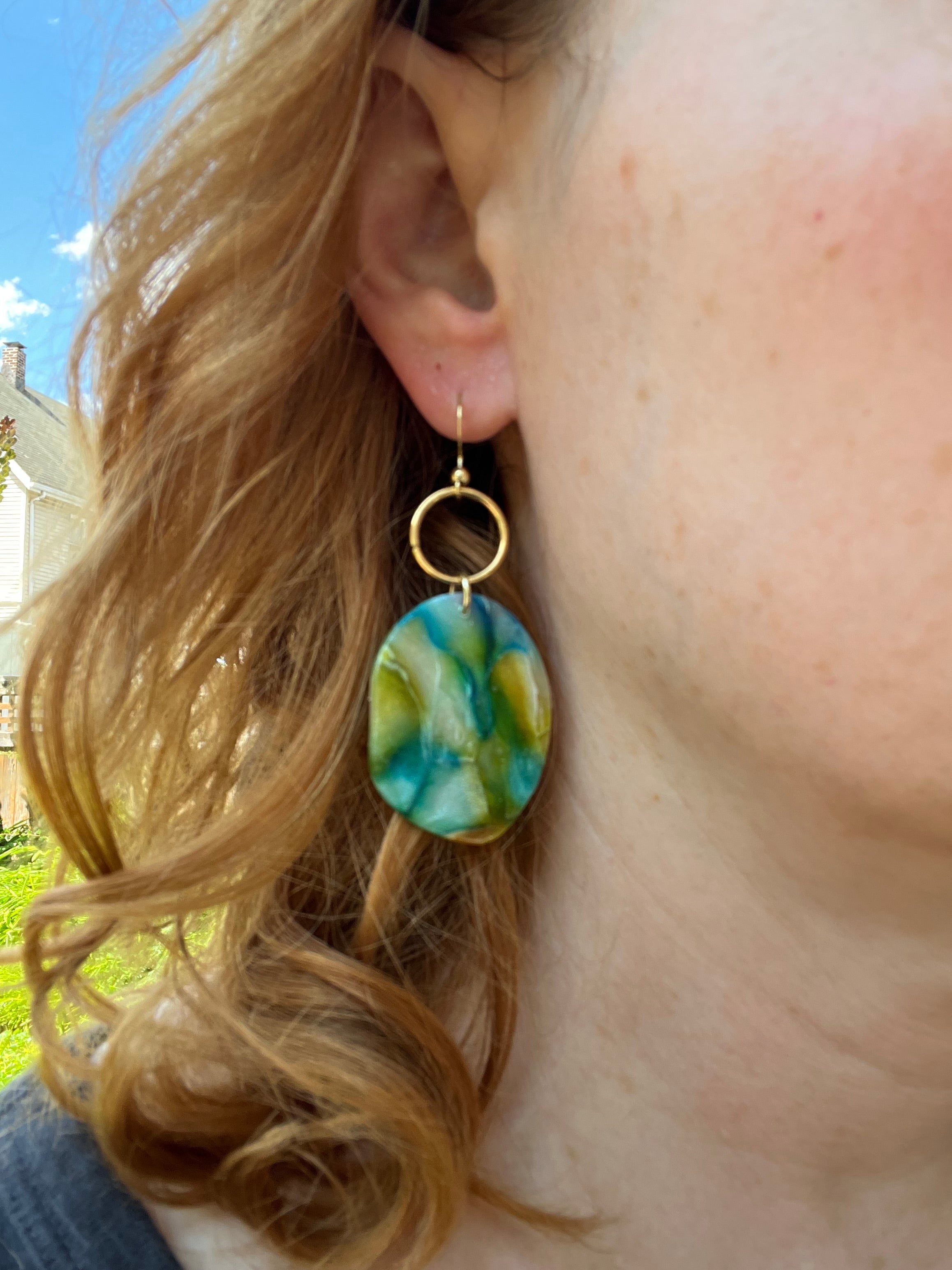 Watercolor Pebble and Brass Circle Dangle Earrings