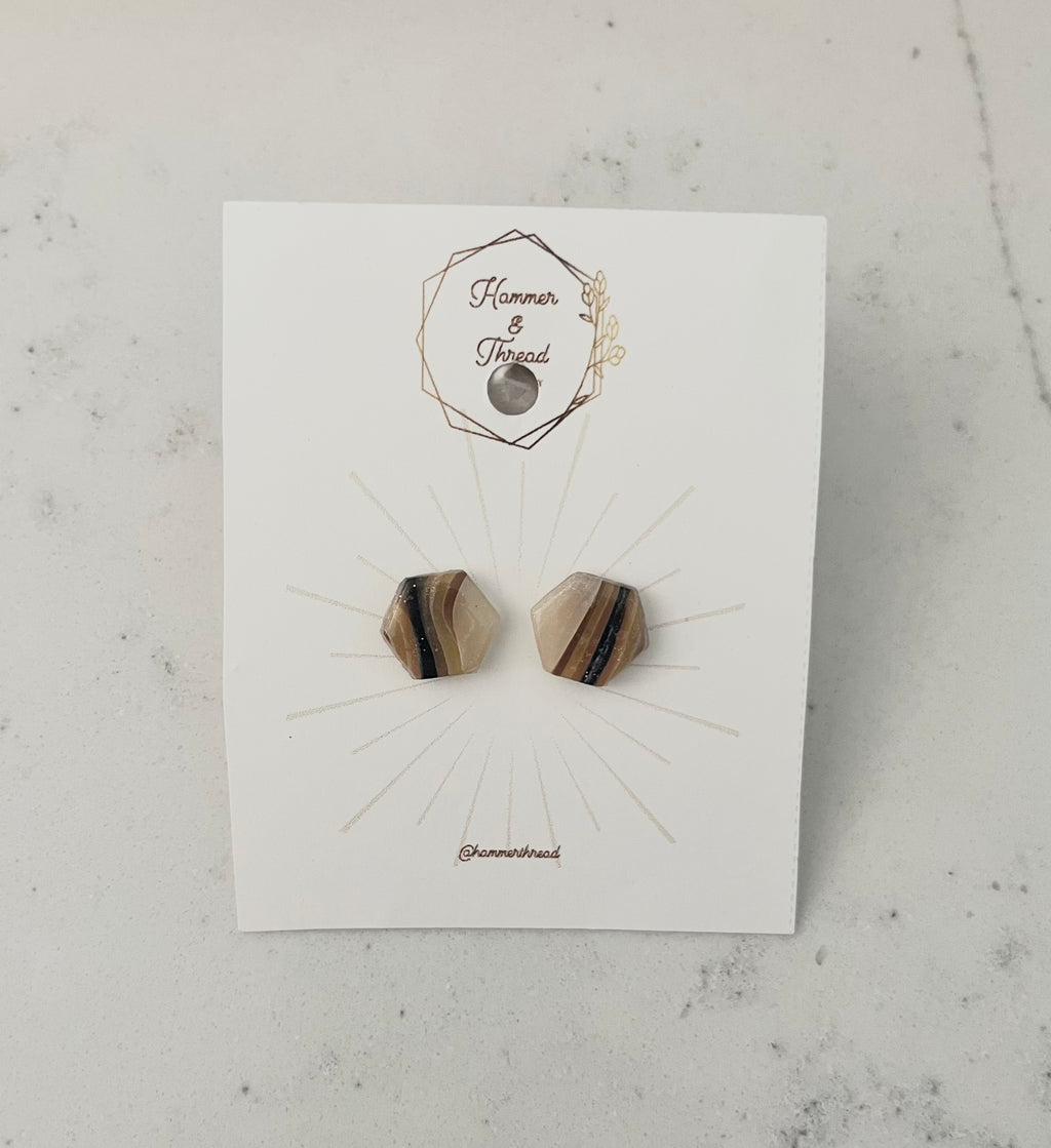 Neutral Faux Agate Hexagon Studs