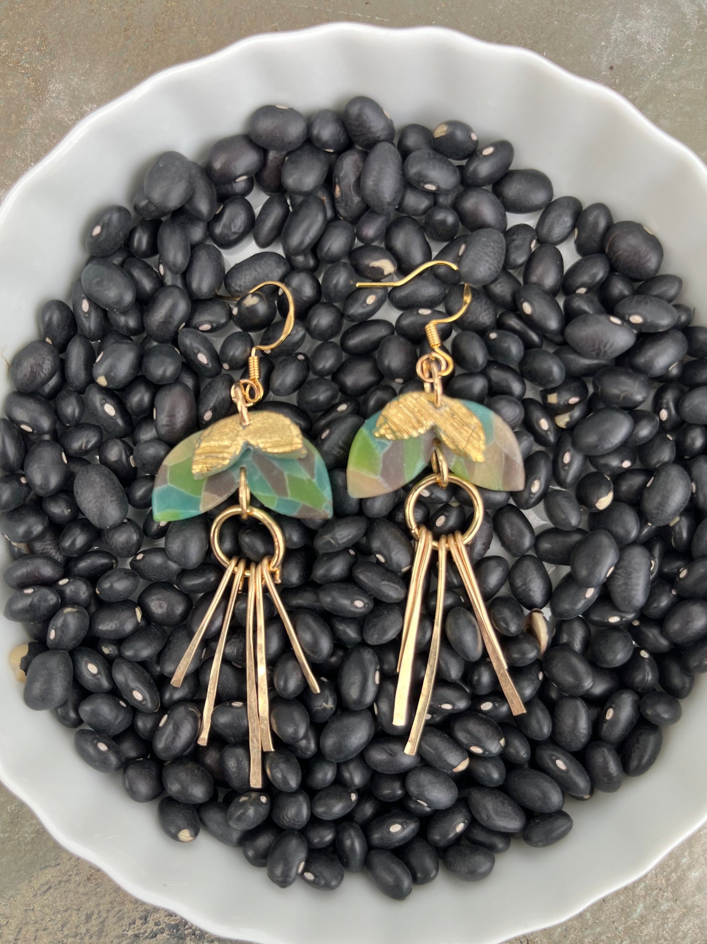 Aqua Mosaic Hammered Tassle Dangle Earrings