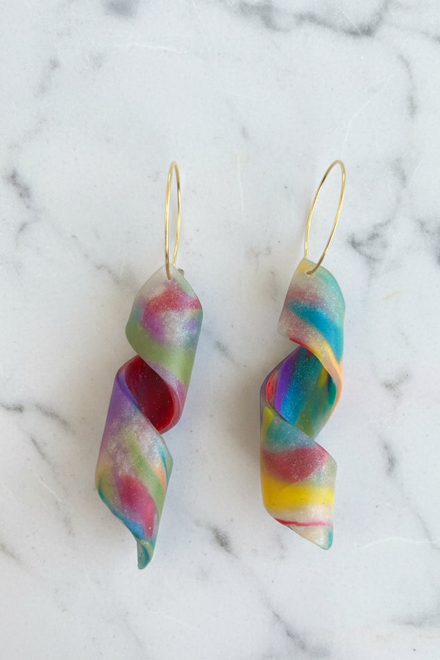 Colorful twirl dangle earrings, handmade polymer clay —Colorful Hammer & Thread