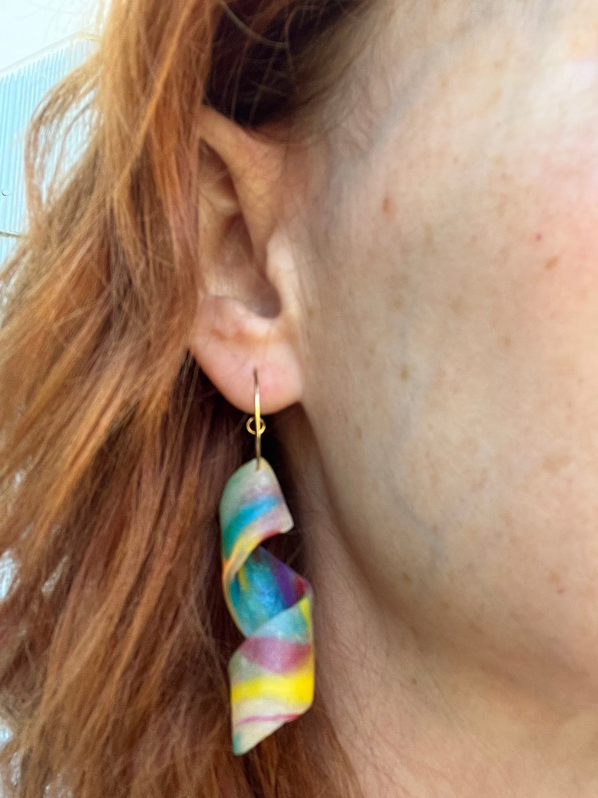Colorful twirl dangle earrings, handmade polymer clay —Colorful Hammer & Thread