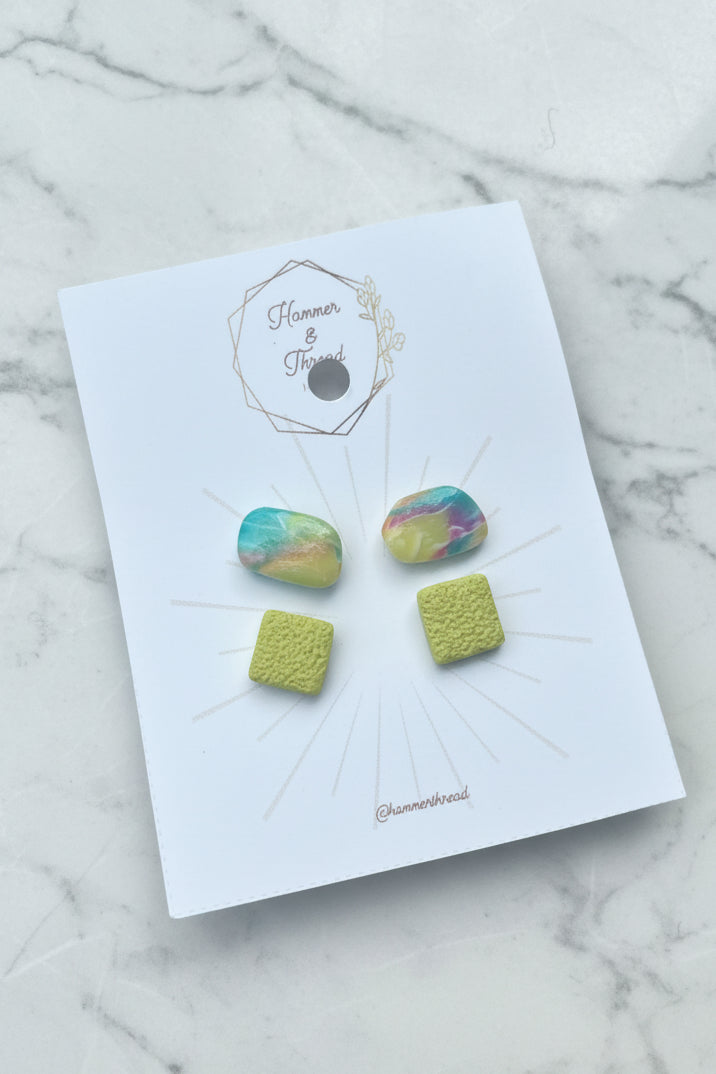 Rainbow Oval & Chartreuse Square Stud Earring Pack