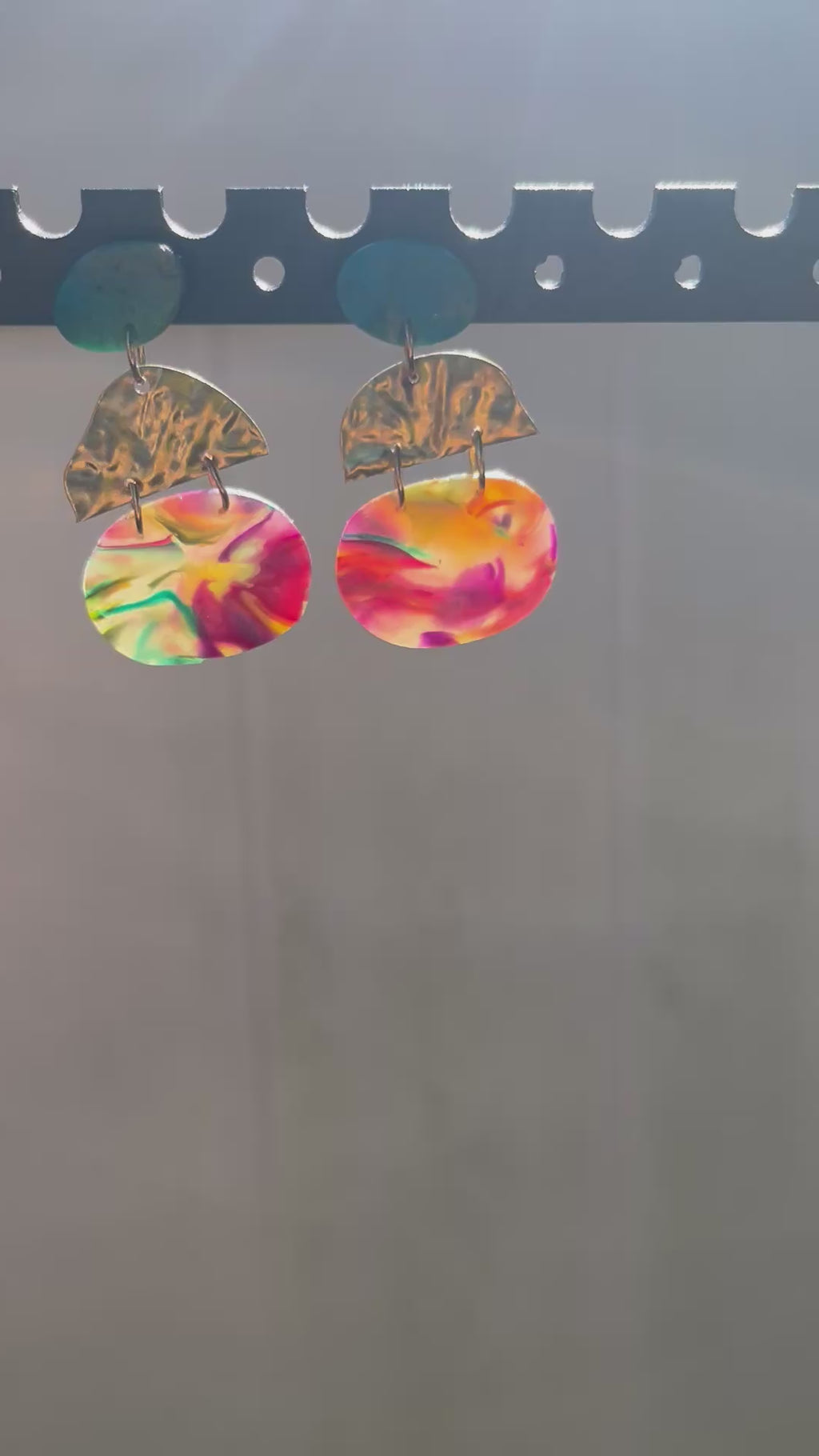 Rainbow marble tiered dangle earrings, handmade polymer clay — Hammer & Thread