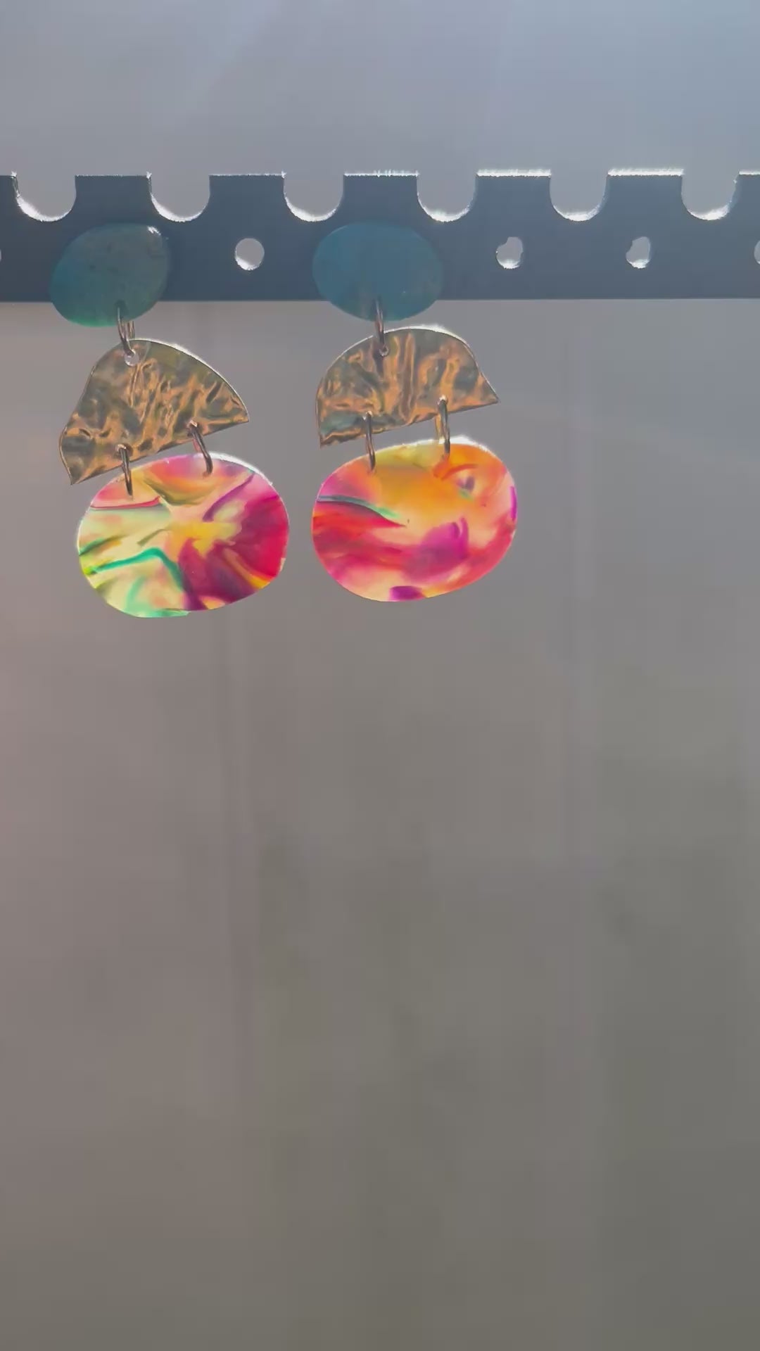 Rainbow marble tiered dangle earrings, handmade polymer clay — Hammer & Thread