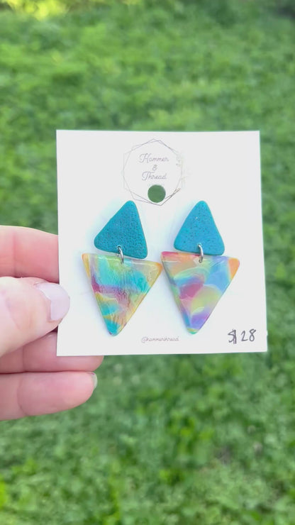 Teal & Rainbow Triangle Stud Dangle Earrings