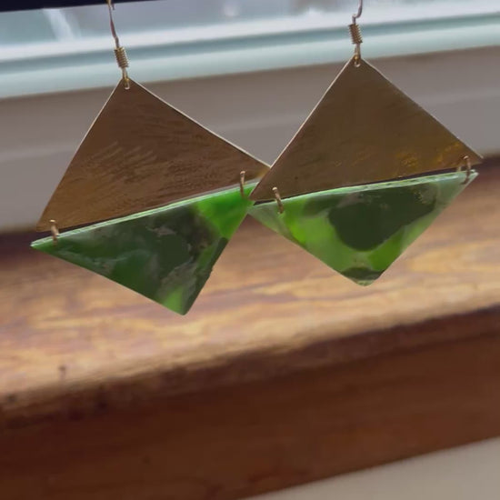 Bright green marble and brass triangle dangle earrings, handmade polymer clay — Hammer & Thread