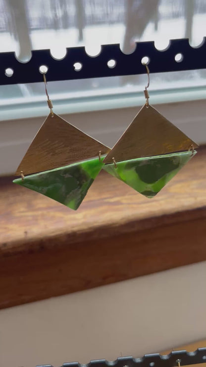 Bright green marble and brass triangle dangle earrings, handmade polymer clay — Hammer & Thread