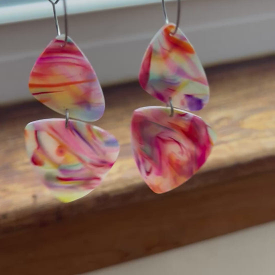 Rainbow swirl pebble dangle hoop earrings, handmade polymer clay — Hammer & Thread