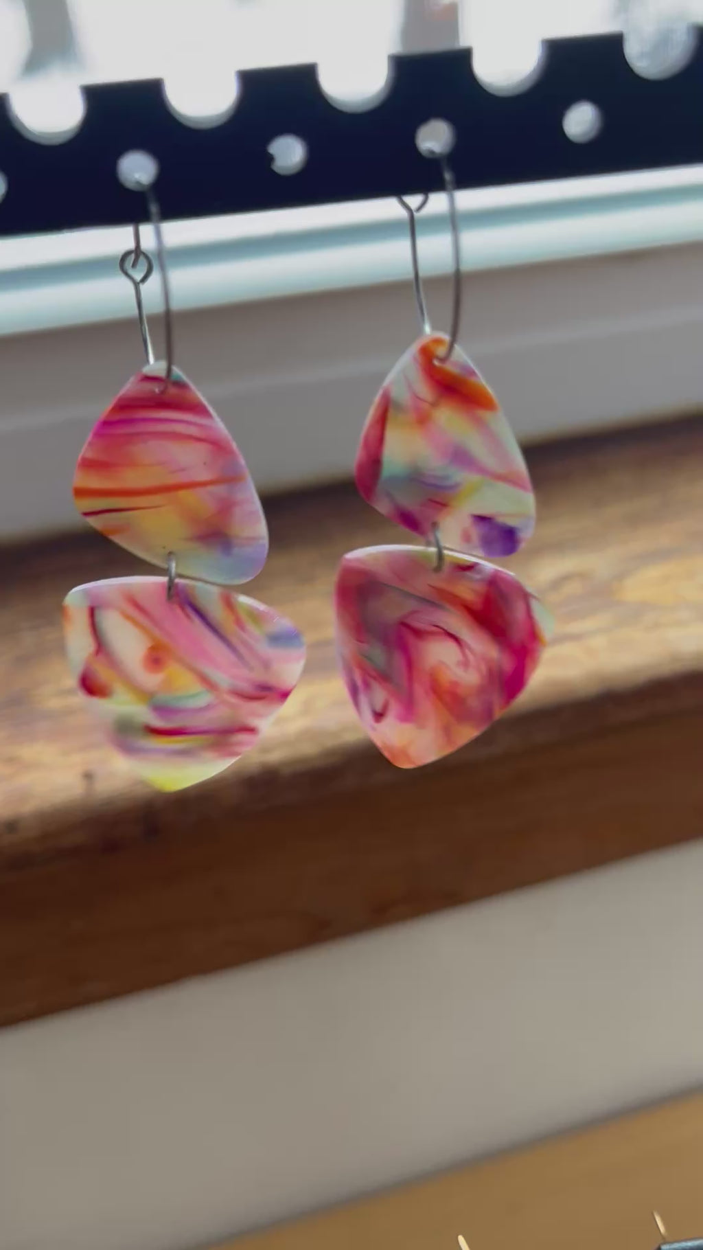Rainbow swirl pebble dangle hoop earrings, handmade polymer clay — Hammer & Thread