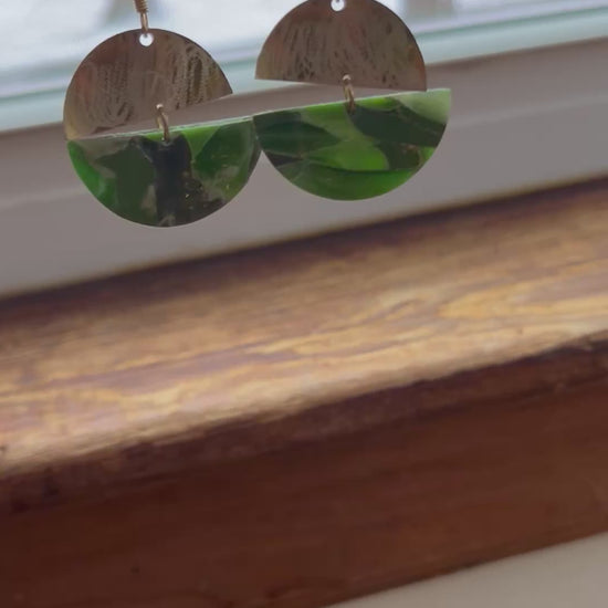 Bright green marble brass semi circle dangle earrings, handmade polymer clay — Hammer & Thread