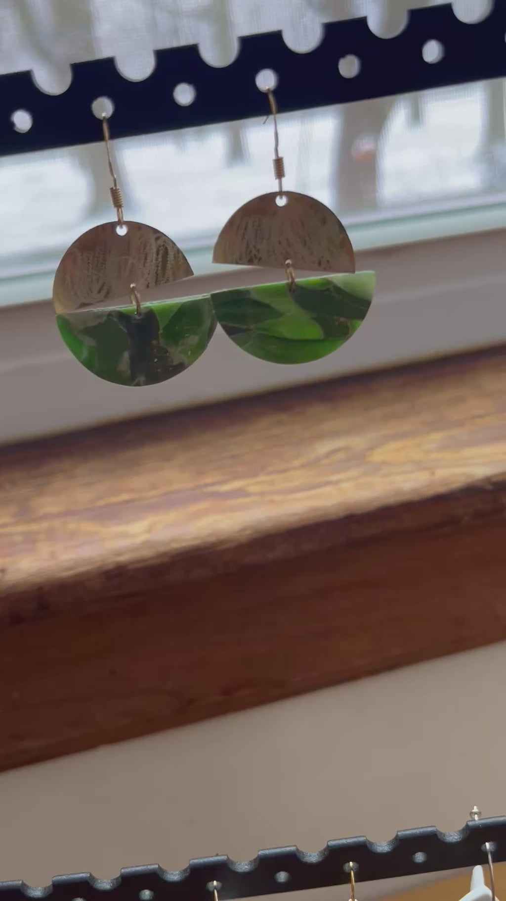 Bright green marble brass semi circle dangle earrings, handmade polymer clay — Hammer & Thread