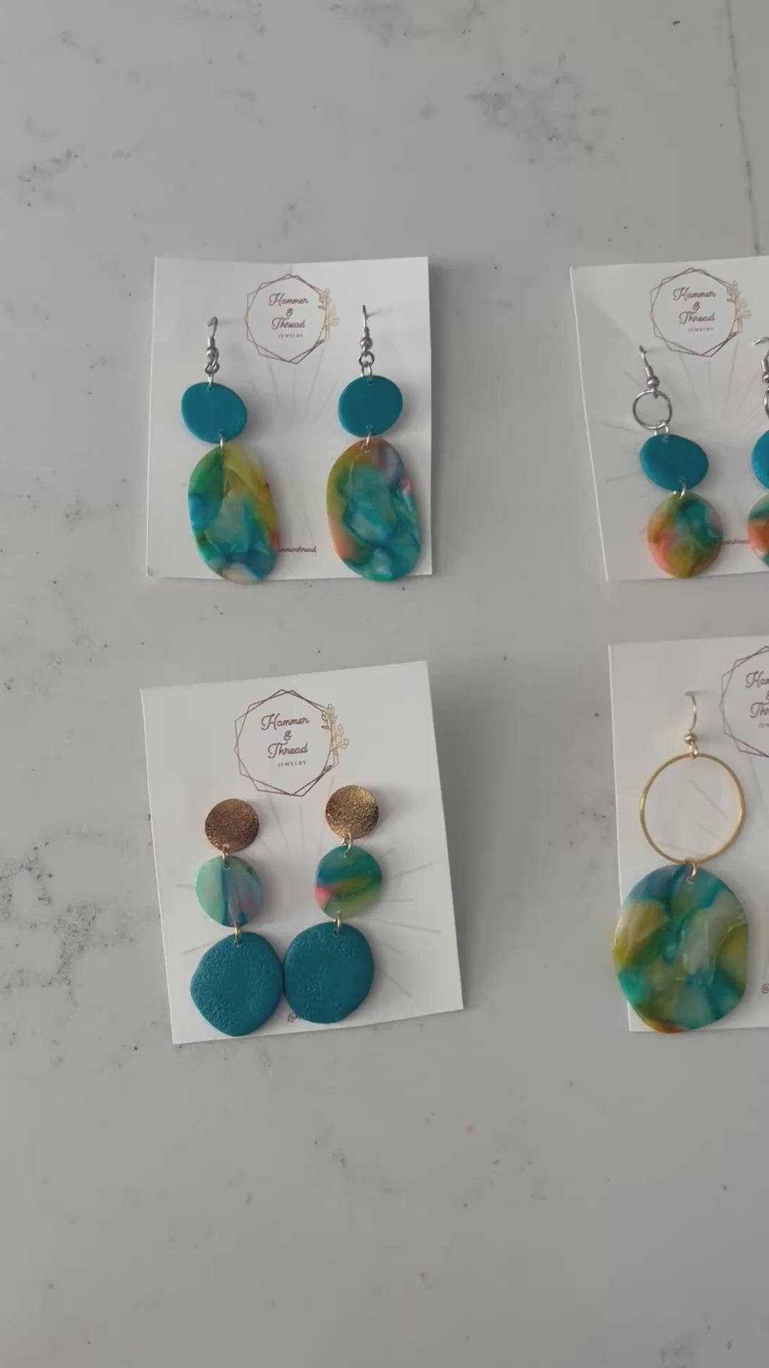 Watercolor Pebble and Brass Circle Dangle Earrings