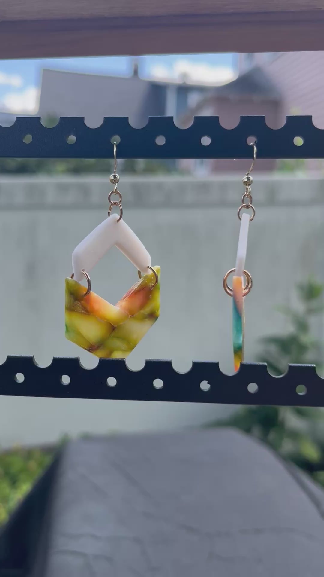 White Sparkly and Green Marbled Chevron Dangle Earrings