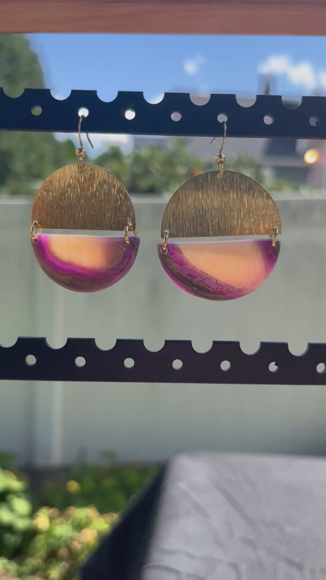Purple Faux Agate & Brass Semi-Circle Dangles