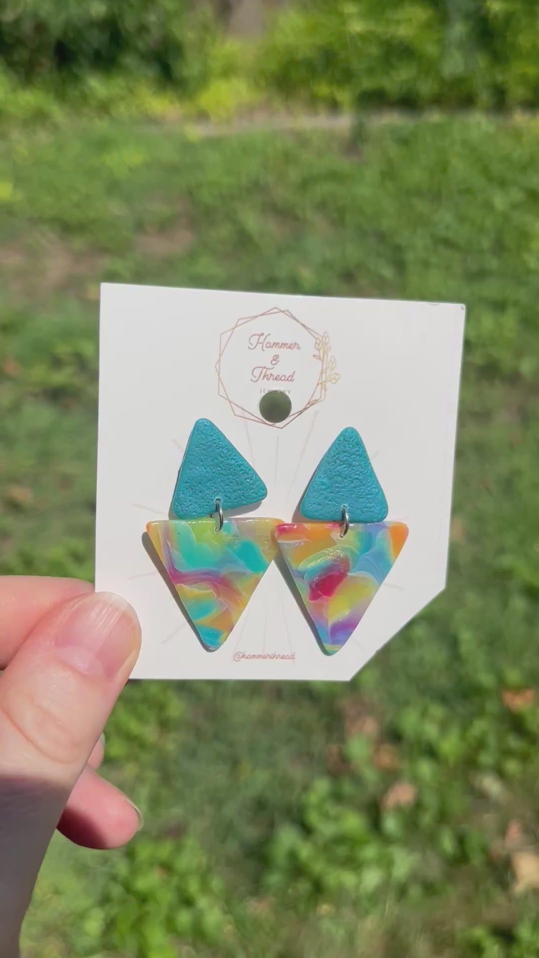 Teal & Rainbow Triangle Stud Dangle Earrings