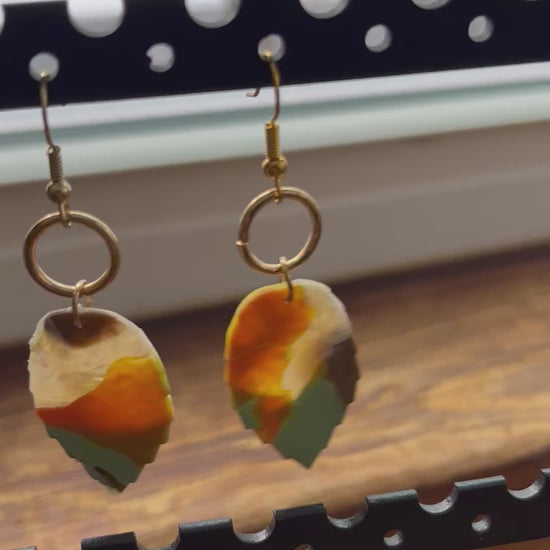 Yellow ochre mint leaf dangle earrings, handmade polymer clay — Hammer & Thread