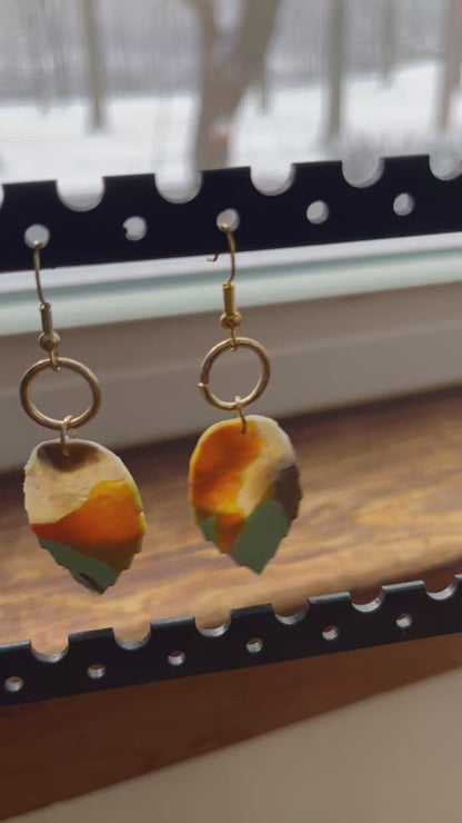 Yellow ochre mint leaf dangle earrings, handmade polymer clay — Hammer & Thread
